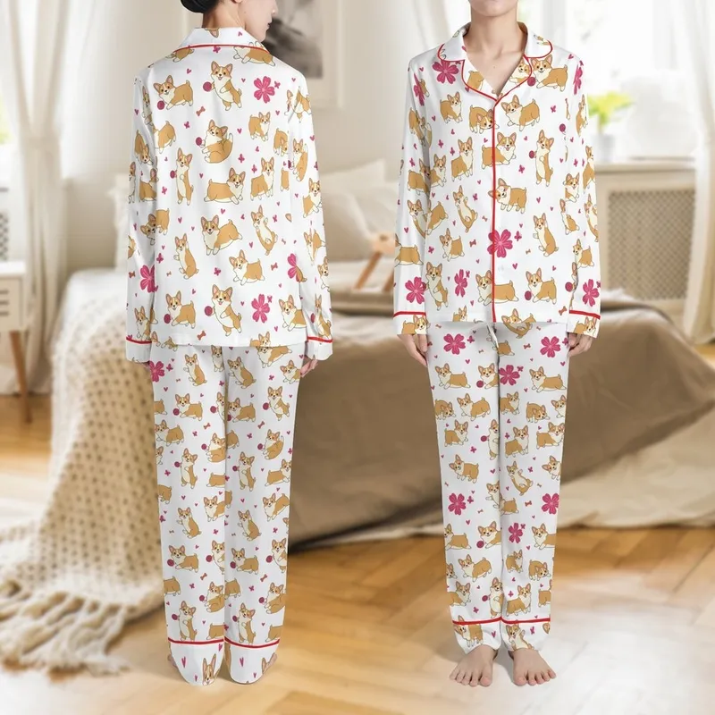 Corgi Mom's Playful Sleep Set: Cute Pink Butterfly Corgi & Hearts Pattern - Soft Pajamas Satin Pajamas Set - 1