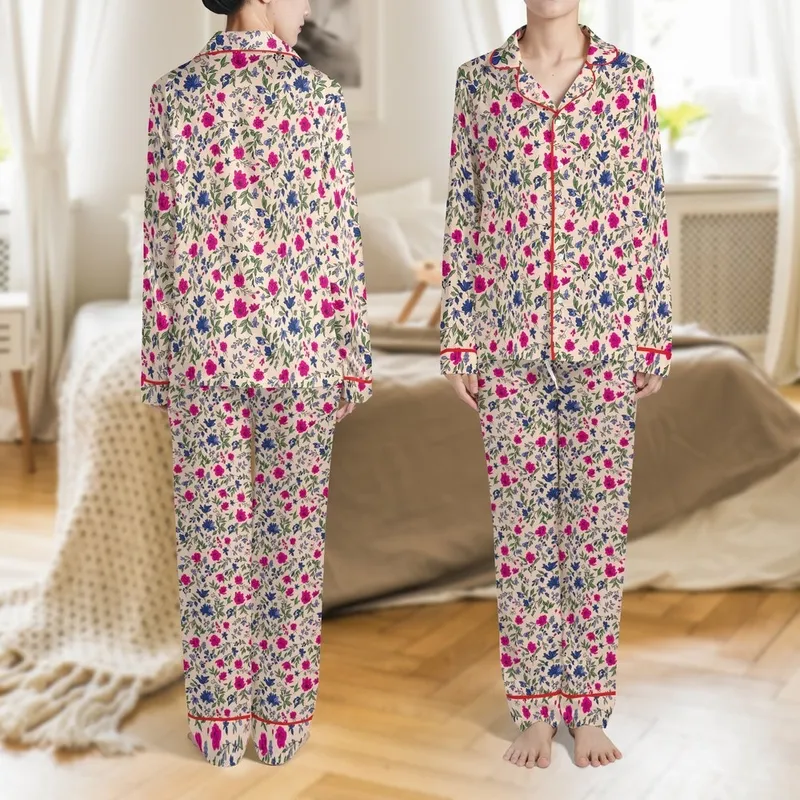 Women's Custom White Crepe Piped Bridesmaid Loungewear - Bridal Party Sleep Set Plus Size Satin Pajamas Set - 1