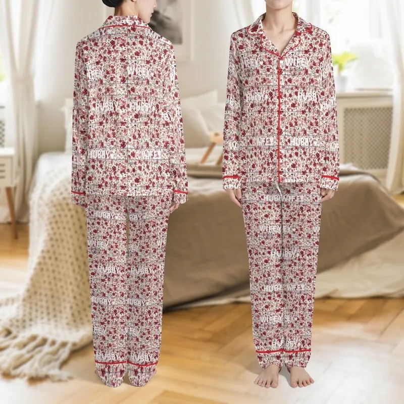 Personalized Hubby & Wifey Matching Pajama Set: Est. 2024 Floral Plaid Navy Pinks Satin Pajamas Set - 1
