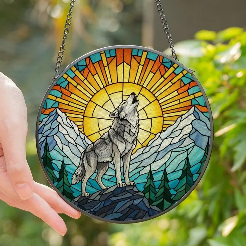 Nature Lovers' Stained Glass Wolf Mountain Sunrise Tiffany Style Jewel Tones Design Stained Glass Suncatcher - 1