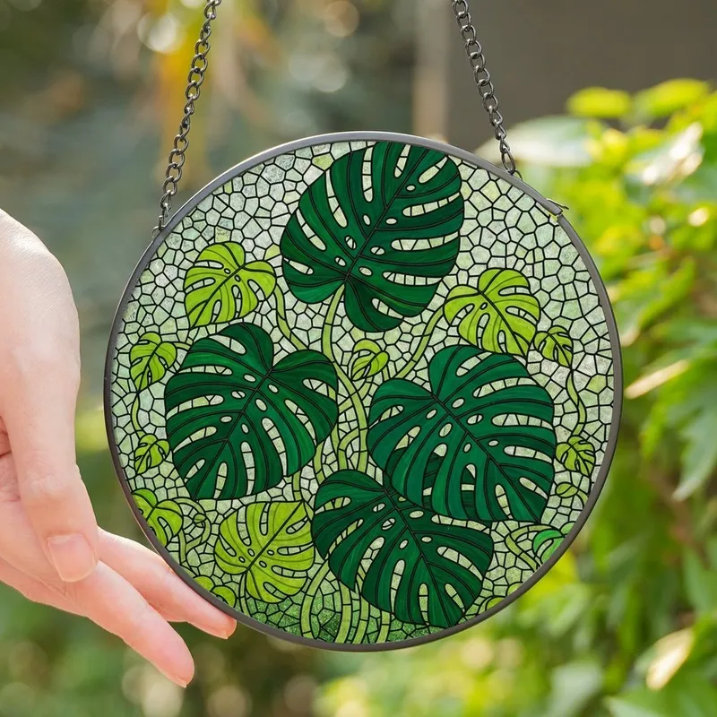 Botanical Art Lovers' Intricate Tiffany Stained Glass Monstera Deliciosa Forest Green Jewel Tones Stained Glass Suncatcher - 1