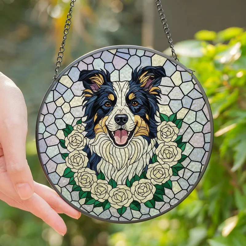 Border Collie Lovers' Intricate Stained Glass Border Collie Rose Wreath Mosaic Art Glowing Jewel Tones Stained Glass Suncatcher - 1