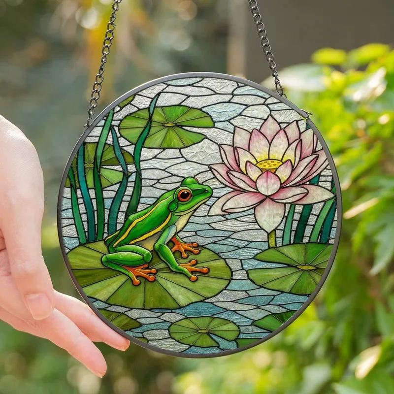 Nature Lovers' Tiffany Stained Glass Red-Eyed Tree Frog, Lotus Lily Pad Mosaic Art Stained Glass Suncatcher - dfDtcxNIV1