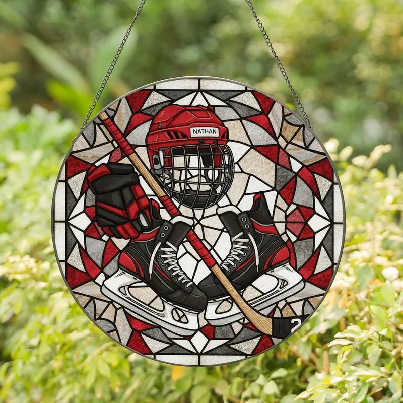 Hockey Fans' Vibrant Tiffany Style Stained Glass Hockey Equipment Art, Red Black White, Intricate Geometric Mosaic Stained Glass Suncatcher - 1