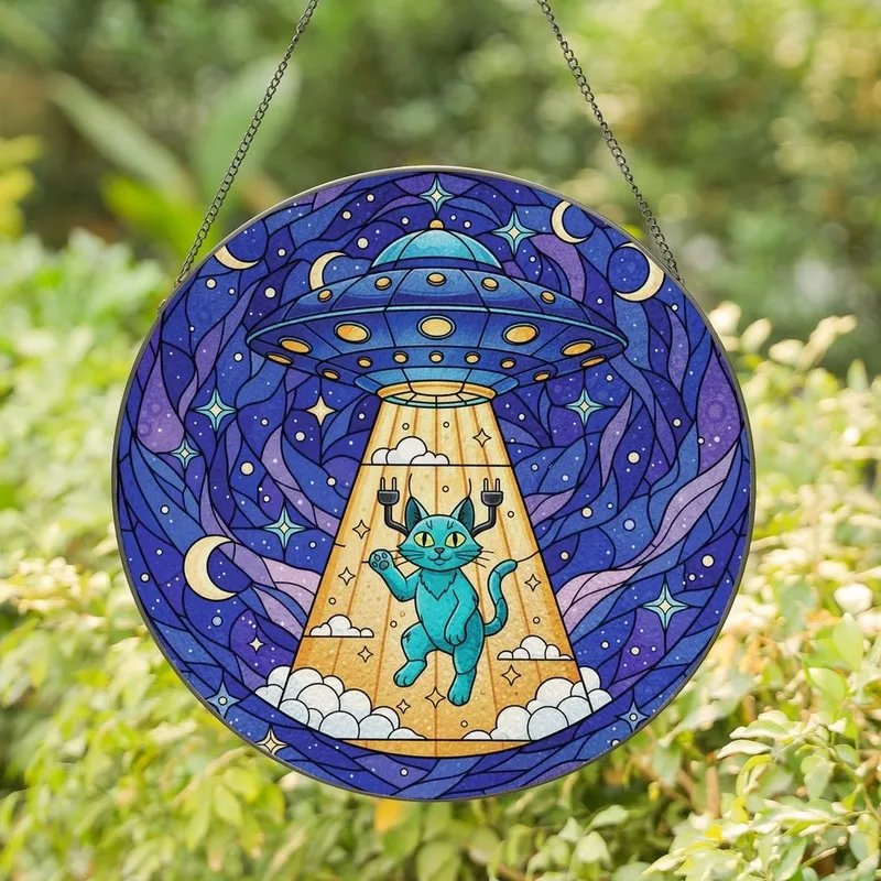 Whimsical Space Cat Lovers' Blue Teal UFO Cat Stained Glass Cosmic Night Sky Mosaic Stained Glass Suncatcher - 1