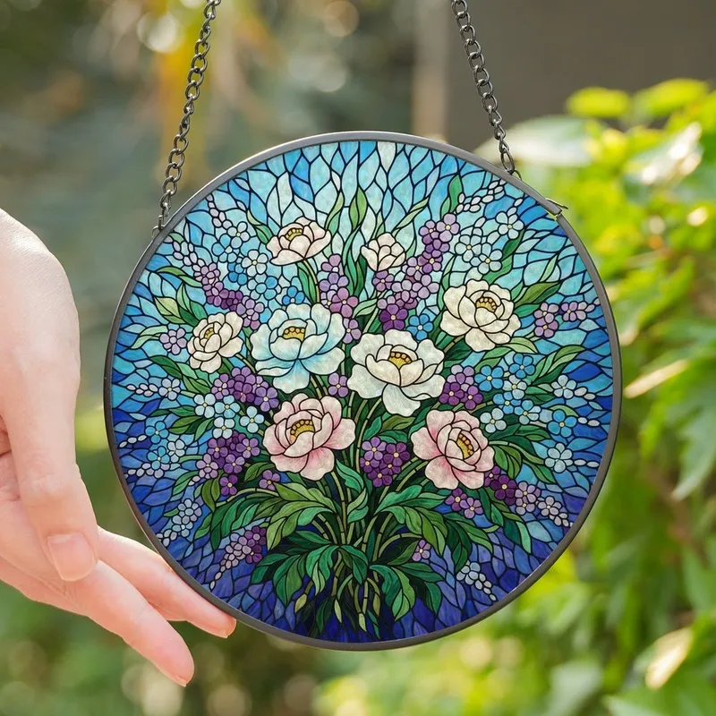 Art Lovers' Intricate Stained Glass Wildflower Bouquet Sapphire Blue Pink Green Mosaic Stained Glass Suncatcher - 1