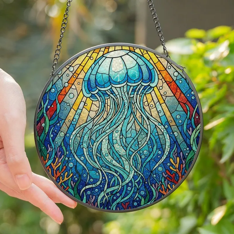 Ocean Lovers' Vibrant Tiffany Style Stained Glass Jellyfish Ocean Mosaic Deep Blue Aqua Gold Stained Glass Suncatcher - 1