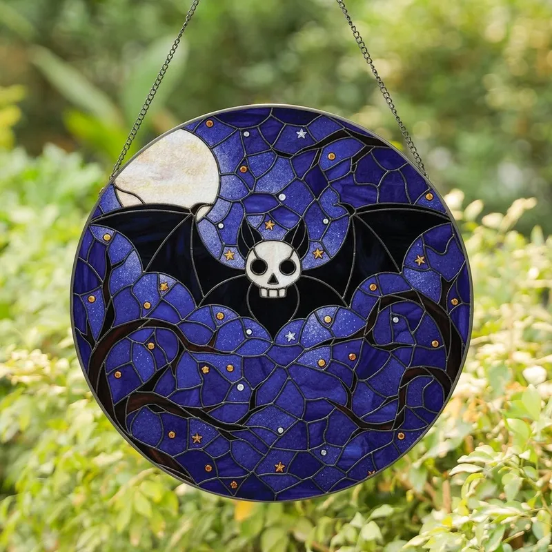 Mystical Art Lovers' Tiffany Stained Glass Bat Skull Deep Purple Amber Night Sky Stained Glass Suncatcher - 1