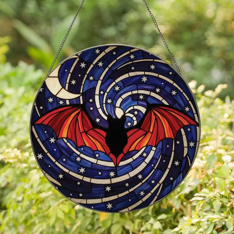 Fantasy Art Lovers' Glowing Stained Glass Bat Black Red Orange Cream Moonlit Celestial Mosaic Stained Glass Suncatcher - 1