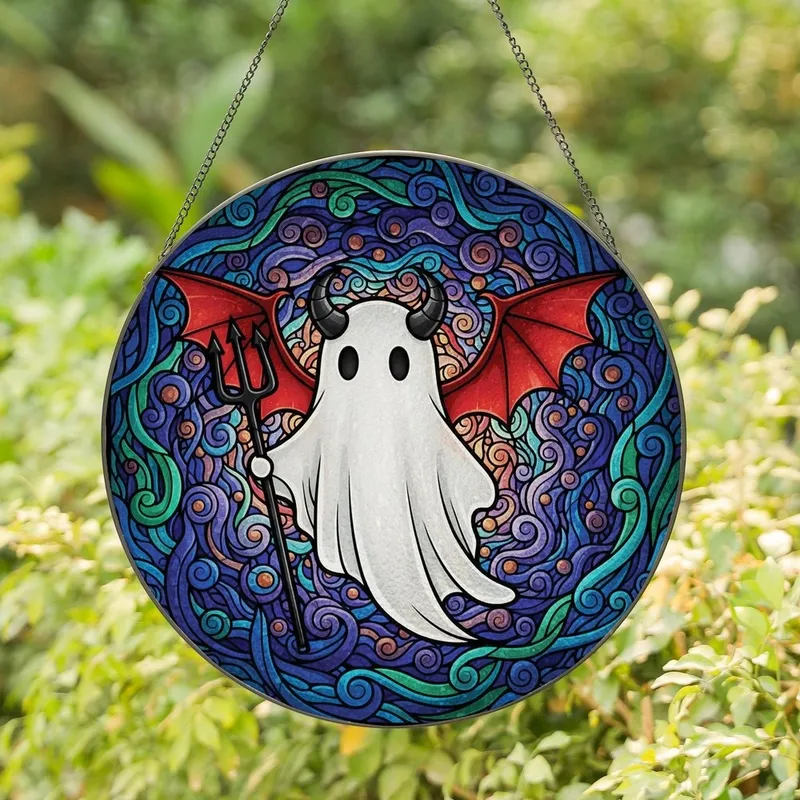 Fantasy Art Collectors' Tiffany Style Jewel Tone Ghost Devil Horns Bat Wings Trident Mystical Swirls Geometric Pattern Stained Glass Suncatcher - 1