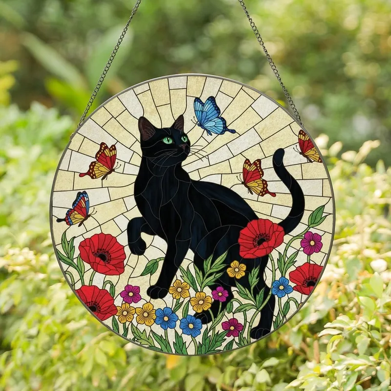 Stained Glass Art Lovers' Jewel Tone Black Cat, Butterfly, & Wildflower Mosaic Stained Glass Suncatcher - 1