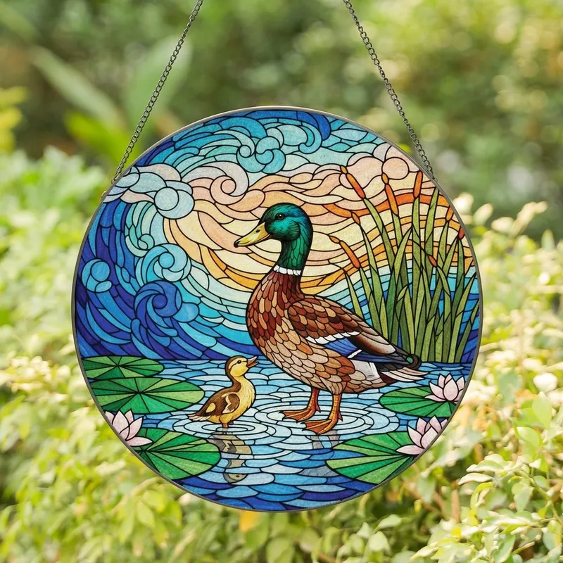 Nature Lovers' Intricate Stained Glass Mallard Duck Duckling Jewel Tones Water Lilies Stained Glass Suncatcher - 1