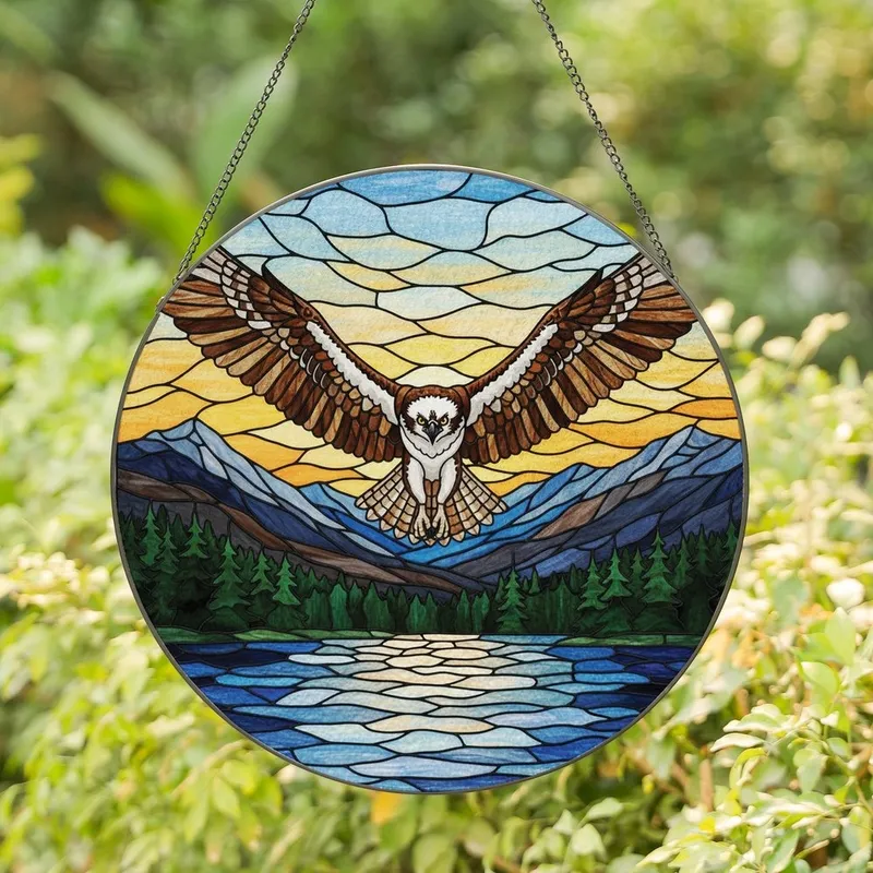 Wildlife Art Enthusiasts' Exquisite Tiffany Stained Glass Osprey, Jewel-Toned Mountain Lake Pine Forest Golden Sky Stained Glass Suncatcher - 1