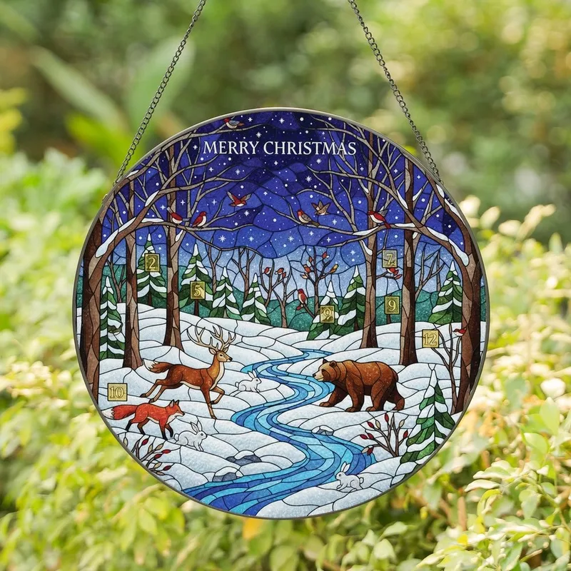 Christmas Art Lovers' Jewel Tone Stained Glass Winter Forest Animals Advent Mosaic Stained Glass Suncatcher - 1