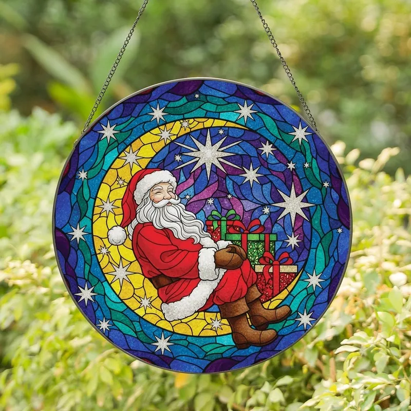 Festive Folks' Golden Red Stained Glass Santa Crescent Moon Star Mosaic Design Stained Glass Suncatcher - 1