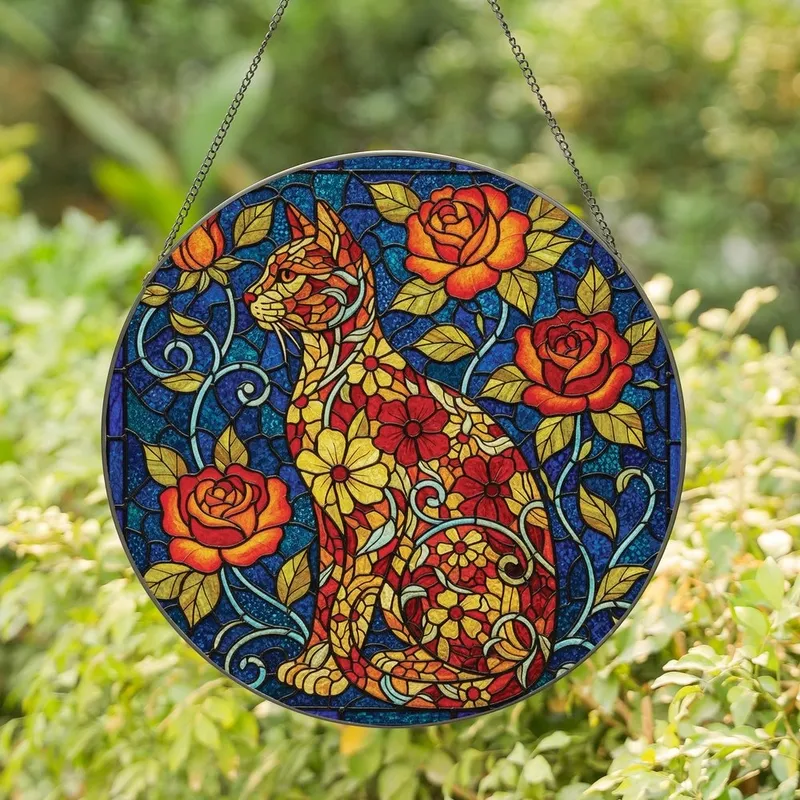 Feline Art Enthusiasts' Tiffany Stained Glass Cat Floral Rose Mosaic Indigo Teal Jewel Tones Stained Glass Suncatcher - 1