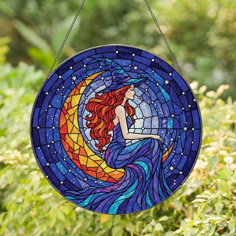 Fantasy Art Enthusiasts' Tiffany Stained Glass Witch Moon Cosmic Mosaic Fiery Indigo Teal Stained Glass Suncatcher - JZQXt11ewL