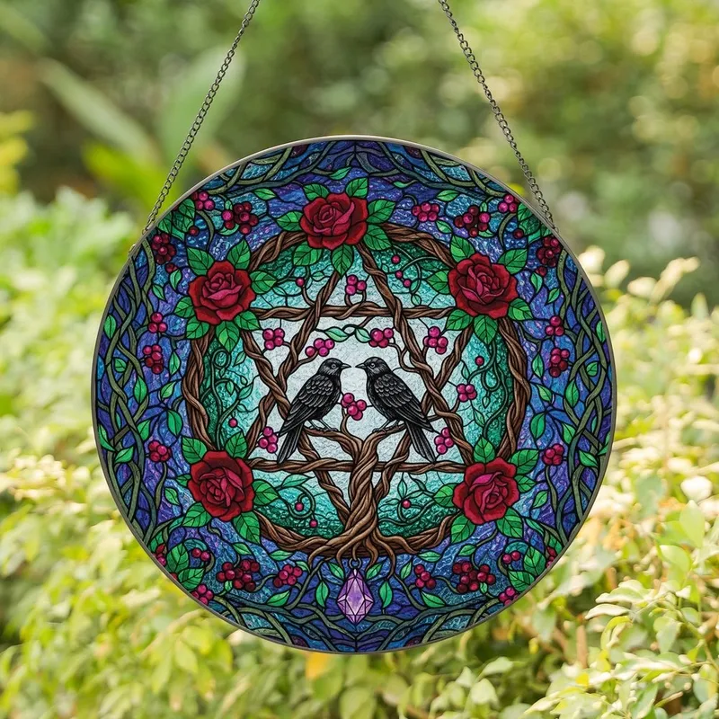 Mystic Art Lovers' Tiffany Stained Glass Pentagram, Ruby Roses, Emerald Vines & Amethyst Gems Stained Glass Suncatcher - 1