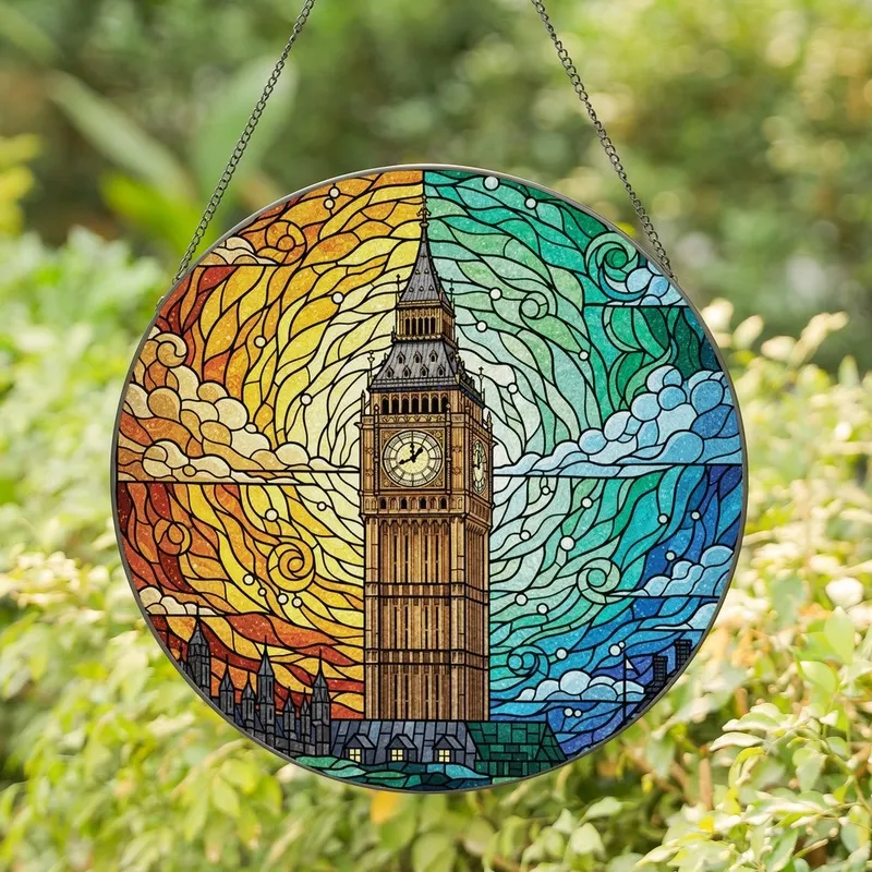 London Lovers' Majestic Big Ben Stained Glass Mosaic | Tiffany-Style Jewel Tones, Golden Amber & Emerald Sky Stained Glass Suncatcher - 1