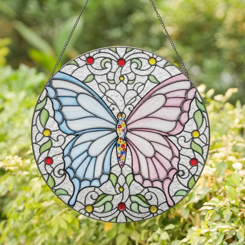 Art Lovers' 8K Tiffany Style Stained Glass Butterfly Mosaic, Blue Pink Green Jewel Tones, Floral Scrollwork Stained Glass Suncatcher - 1