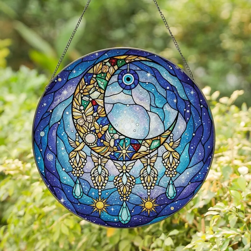 Celestial Dreamers' Tiffany Stained Glass Crescent Moon, Jewel Tone Cosmic Nebula, Evil Eye & Gold Tassels Stained Glass Suncatcher - HtmGh0djgI