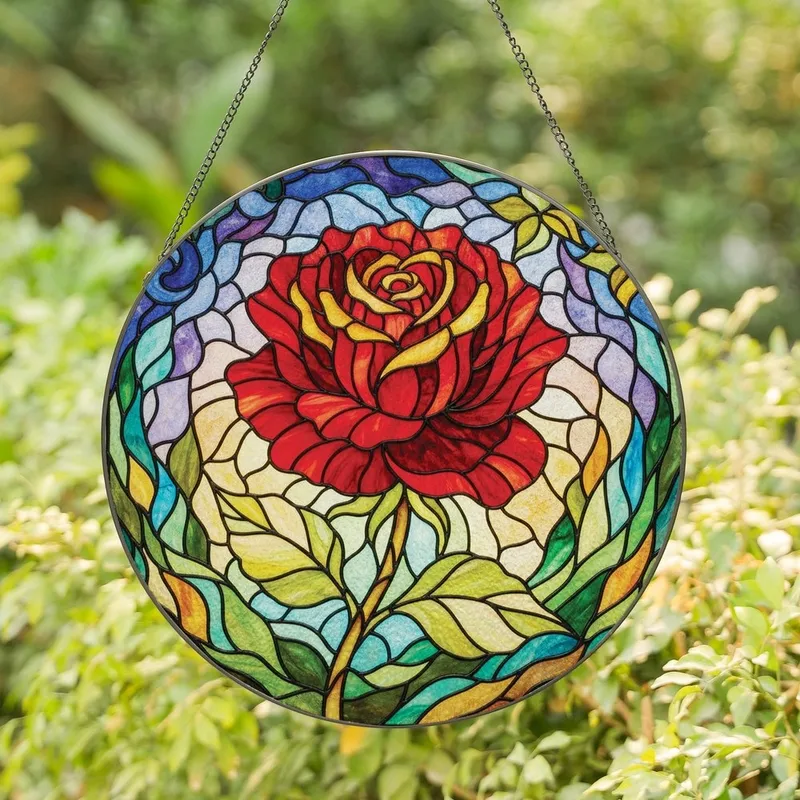 Floral Art Lovers' Tiffany Stained Glass Peony Rose Crimson Emerald Gold Mosaic Stained Glass Suncatcher - gqgS78I_dE