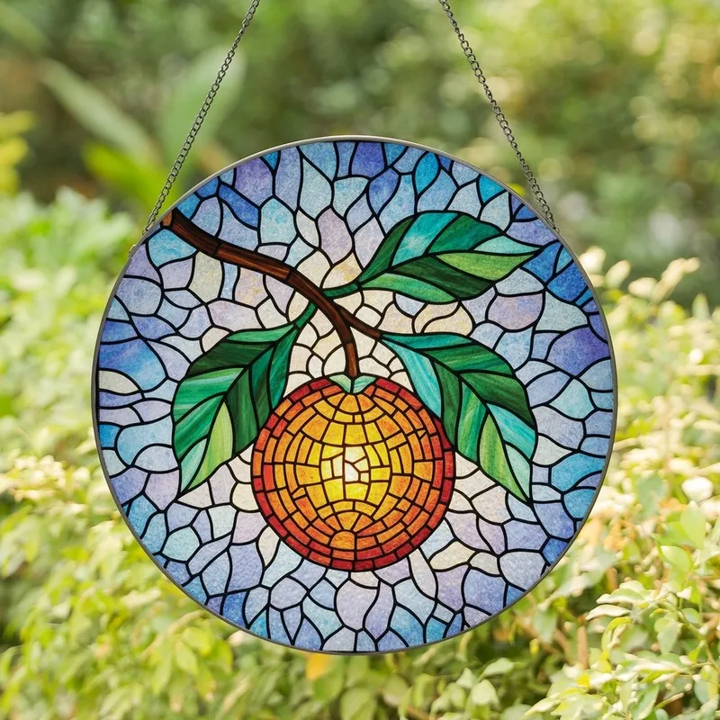 Art Lovers' Vibrant Stained Glass Citrus Orb Emerald Teal Leaves, Tiffany Style Radiant Mosaic Design Stained Glass Suncatcher - 1