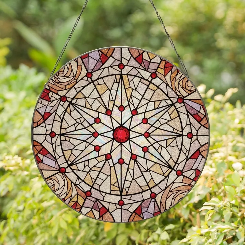 Art Lovers' Glowing Tiffany Stained Glass Hexagram Star Celestial Nebula Ruby Red Amber Stained Glass Suncatcher - 1
