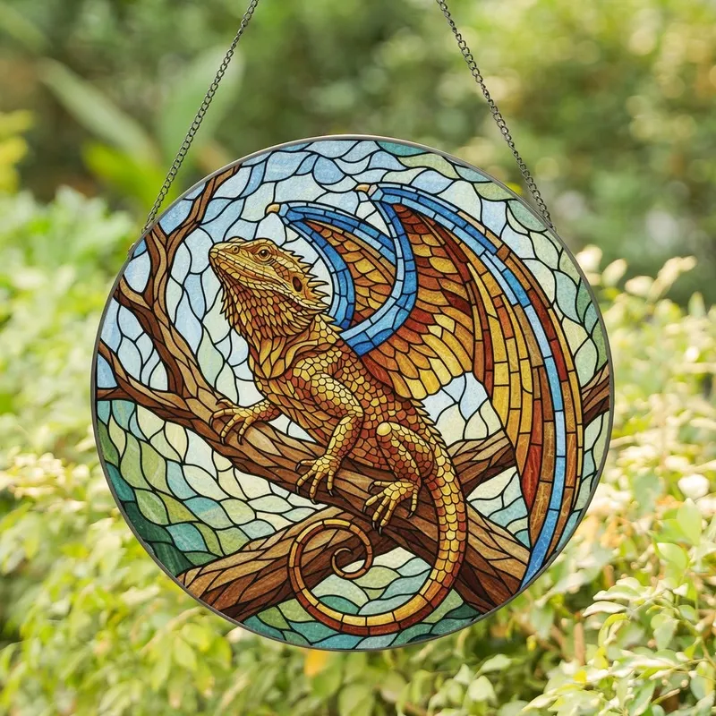 Reptile Lovers' Glowing Stained Glass Bearded Dragon, Tiffany Style Amber Blue Wings, Intricate Golden Yellow Brown Branch Mosaic Stained Glass Suncatcher - lqijd_B06-