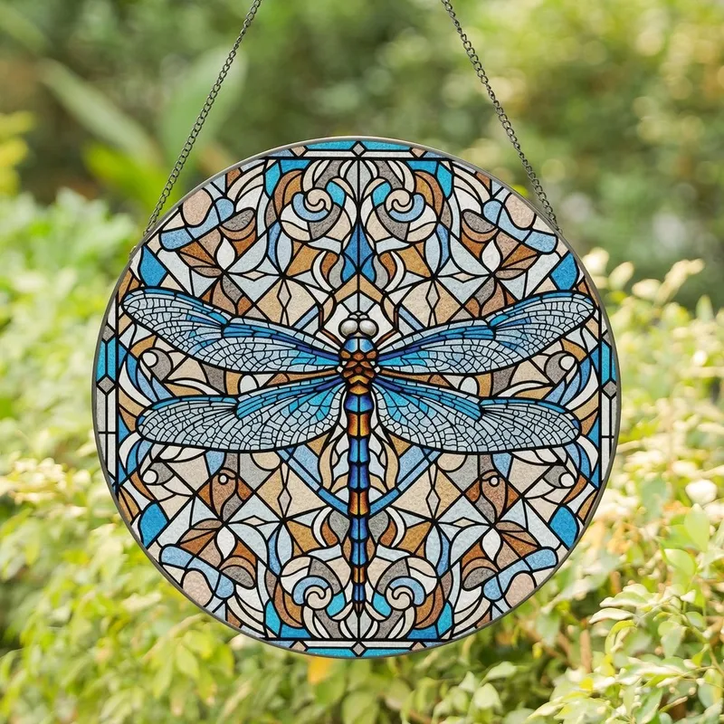 Art Enthusiasts' Majestic Dragonfly Tiffany Stained Glass Jewel Tones Blue Amber Geometric Mosaic Design Stained Glass Suncatcher - 1