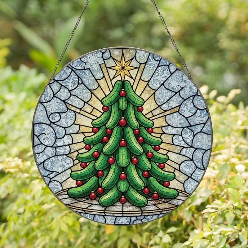 Whimsical Holiday Art Lover's Emerald Green Ruby Red Stained Glass Pickle Christmas Tree Stained Glass Suncatcher - 1