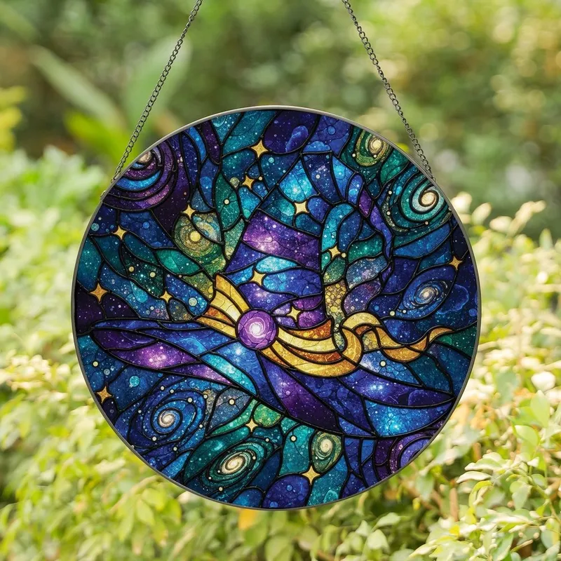 Fantasy Lovers' Tiffany Stained Glass Cosmic Witch Hat, Purple Orb & Galaxy Nebula Stained Glass Suncatcher - 1