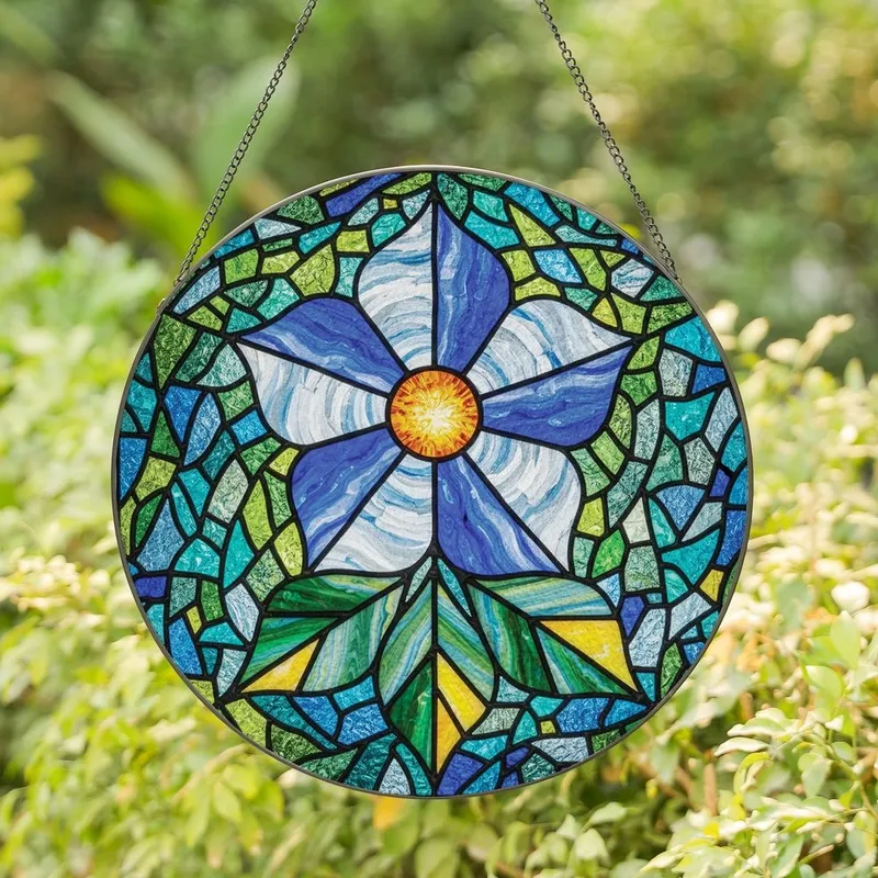 Art Lovers' Detailed Stained Glass Floral Mosaic Blue Petals Golden Center Intricate Patterns Stained Glass Suncatcher - 1