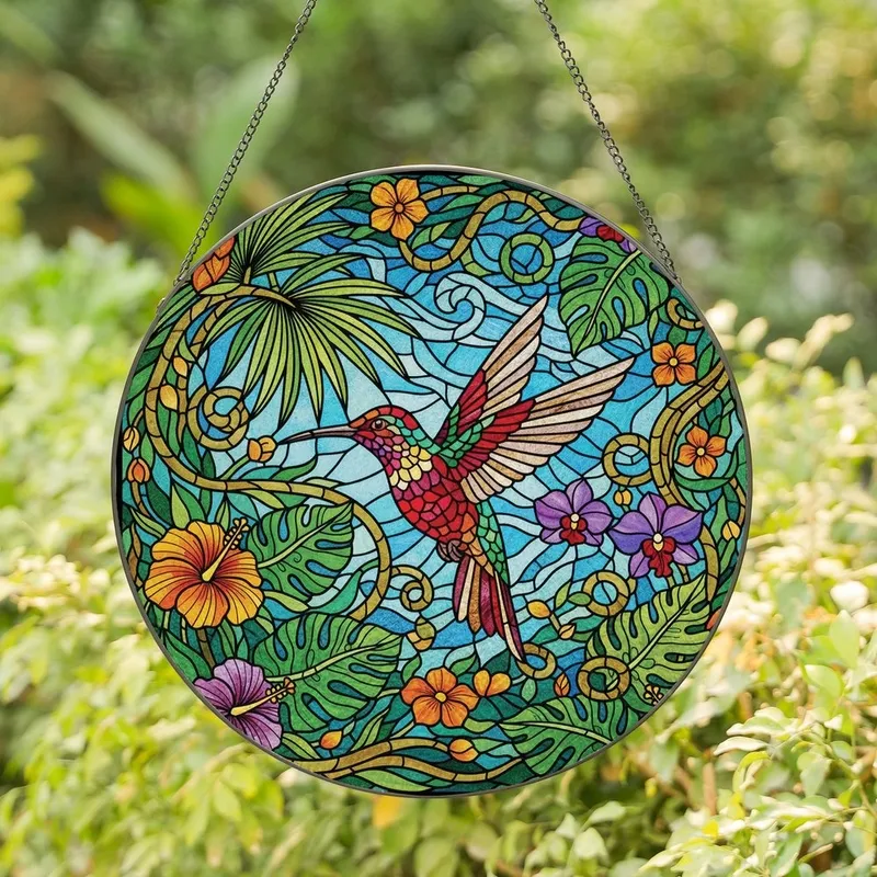 Nature Lovers' Vibrant Jewel Tone Hummingbird Stained Glass Tropical Blossom Mosaic Stained Glass Suncatcher - 1
