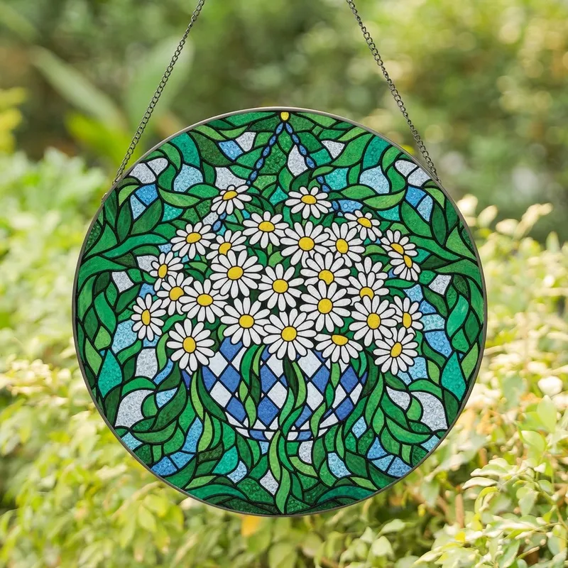 Art Lovers' Vibrant Tiffany Stained Glass Spilling Daisies Diamond Grid Basket Emerald Blue Jewel Tone Mosaic Stained Glass Suncatcher - YdqjxflMg5