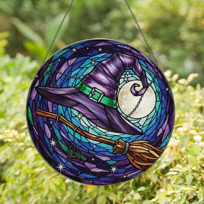 Fantasy Art Enthusiasts' Tiffany Stained Glass Witch Hat Broom Mystical Night Sky Amethyst Emerald Stained Glass Suncatcher - 1