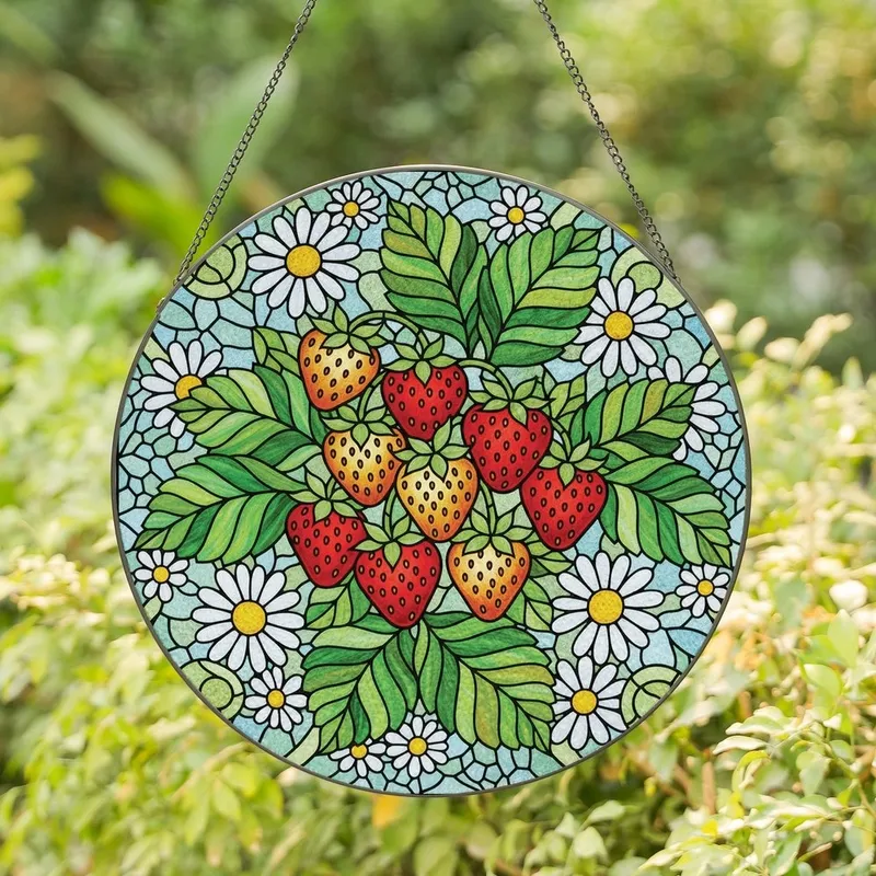 Art Lovers' Jewel Tone Tiffany Stained Glass Strawberry Daisy Floral Mosaic Design Stained Glass Suncatcher - 1