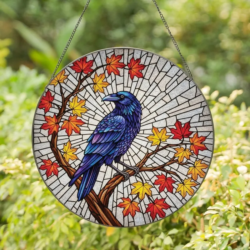 Nature & Art Lovers' Edge-to-Edge Tiffany Stained Glass Raven Autumn Maple Leaves Deep Blue Purple Orange Stained Glass Suncatcher - 1