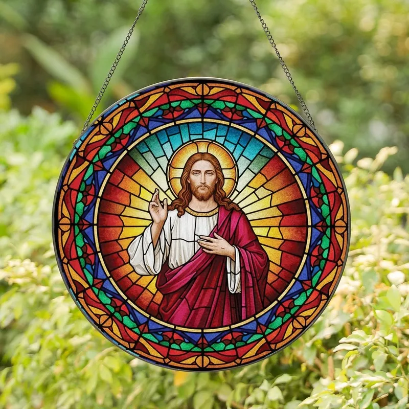 Spiritual Art Enthusiasts' Tiffany Style Jesus Christ Blessing Radiant Mosaic Golden Halo Amber Blue Stained Glass Suncatcher - 1