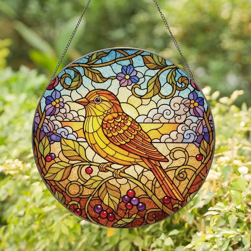 Nature Lovers' Intricate Golden Amber Stained Glass Bird & Lush Foliage Design Stained Glass Suncatcher - 1