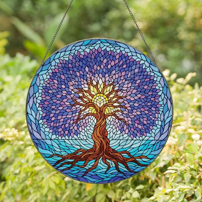 Art Lovers' Vibrant Tiffany Stained Glass Tree of Life Jewel Tone Blue Purple Pink Mosaic Stained Glass Suncatcher - 1