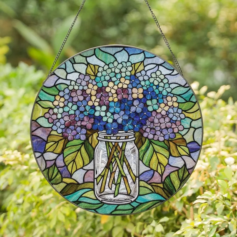 Art Lovers' Vibrant Tiffany Style Stained Glass Hydrangea Bouquet Jewel Tone Blue Purple Teal Amber Yellow Mosaic Stained Glass Suncatcher - 1