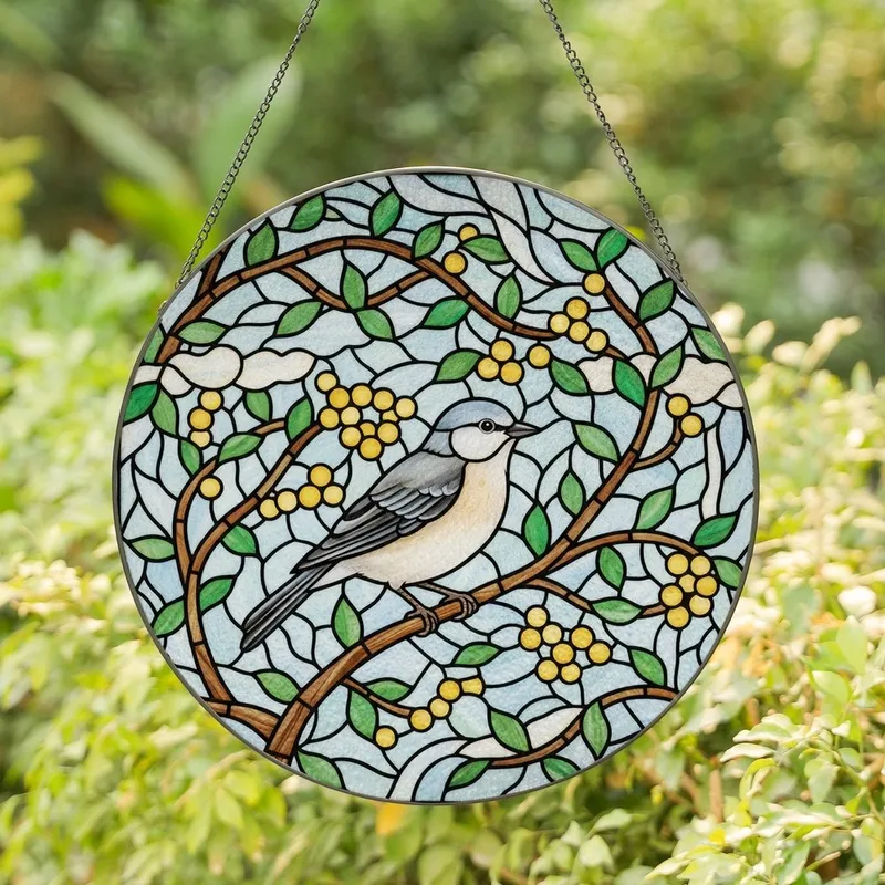 Nature Lovers' Tiffany Stained Glass Songbird Branches Leaves Berries Mosaic Blue Green Amber Yellow Stained Glass Suncatcher - 1