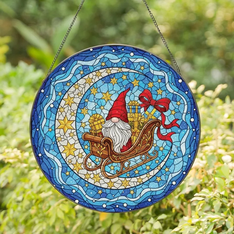 Christmas Enthusiasts' Vibrant Tiffany Stained Glass Gnome Sleigh Golden Stars Celestial Mosaic Stained Glass Suncatcher - deNO7U4J2D