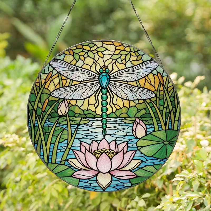 Nature Art Enthusiasts' Tiffany Style Stained Glass Dragonfly Lotus Emerald Teal Pink Mosaic Stained Glass Suncatcher - 1