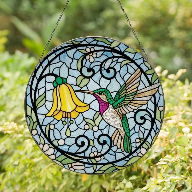 Nature Lovers' Vibrant Tiffany Stained Glass Hummingbird Yellow Flower Mosaic Art Pattern Stained Glass Suncatcher - 1
