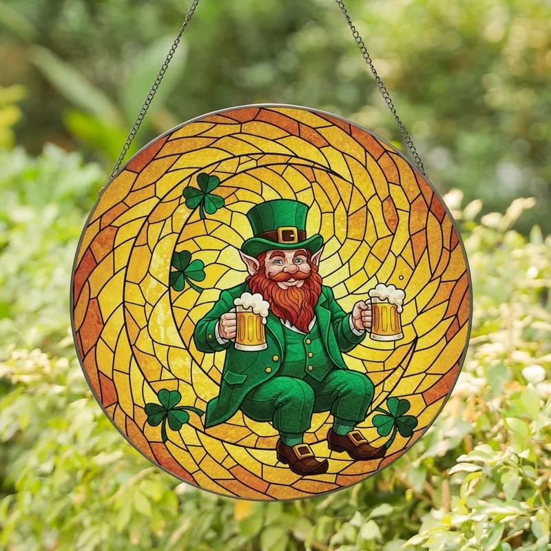 St. Patrick's Day Celebrators Jovial Leprechaun Moon Shamrocks Stained Glass Art, Emerald Gold Amber Jewel Tones Stained Glass Suncatcher - 1