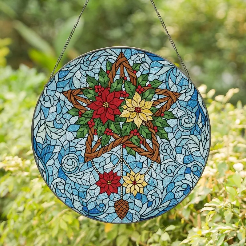 Stained Glass Art Lovers' Intricate Ruby Red Poinsettia Holly Rustic Star Winter Foliage Pattern Stained Glass Suncatcher - 1