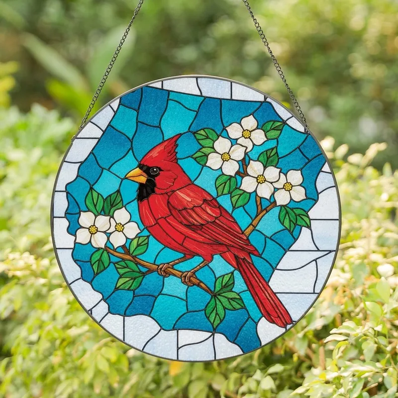 Nature Lovers' Edge-to-Edge Stained Glass Red Cardinal Dogwood Flowers Blue Sky Mosaic Stained Glass Suncatcher - 1