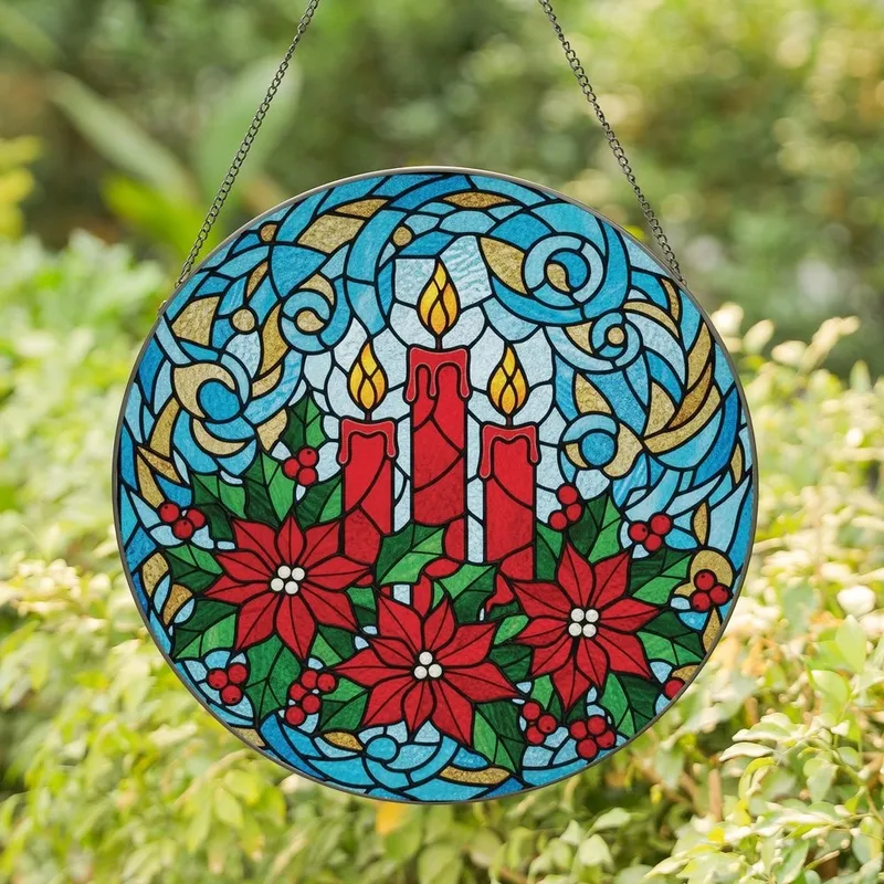 Holiday Art Aficionados' Tiffany Style Stained Glass Red Candles Poinsettia Holly Pattern Stained Glass Suncatcher - 1